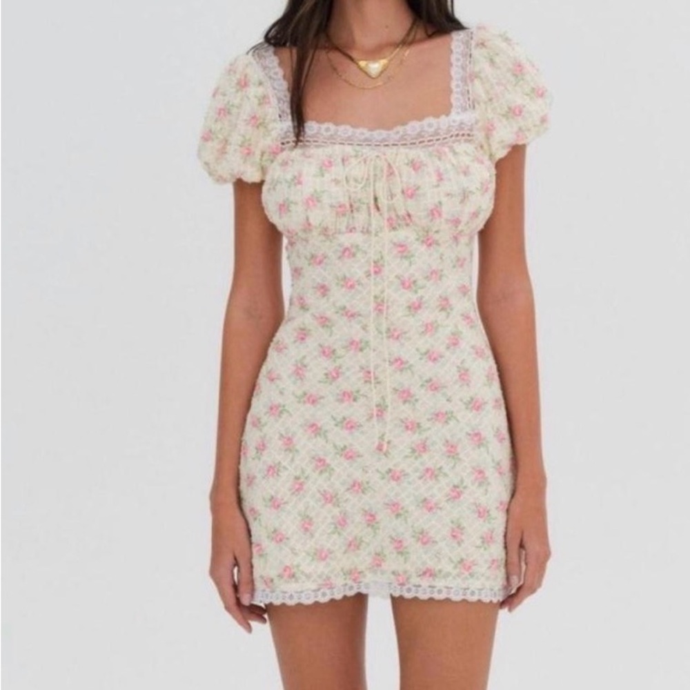 For Love & Lemons Cream Mini Dress with Pink Floral Print